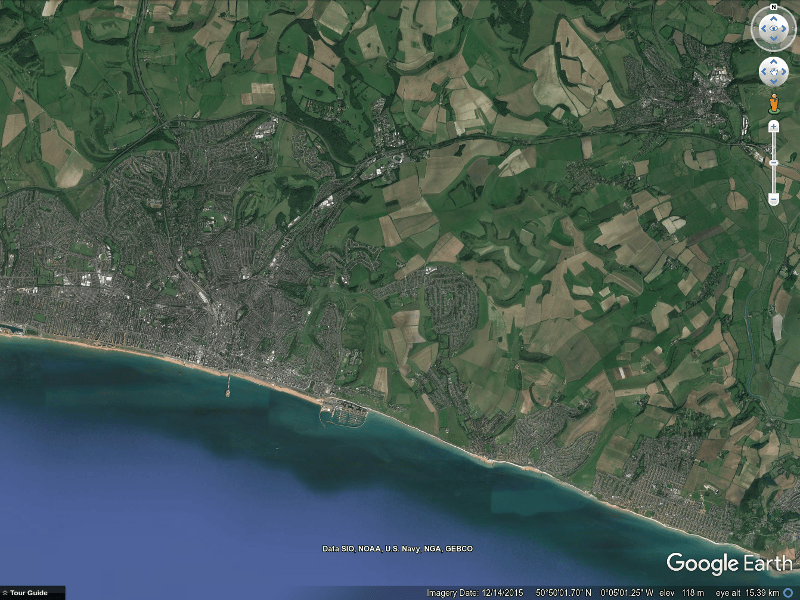 Google Earth view of Ordnance Survey grid square TQ 30, showing Lewes (top right), Brighton & Hove (bottom left) and Balsdean (right of centre)