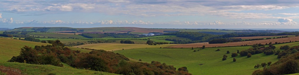 South view over South Downs towards Brighton with the Falmer Stadium in the middle. From a hill north of Brighton. Near Ditchling, East Sussex.