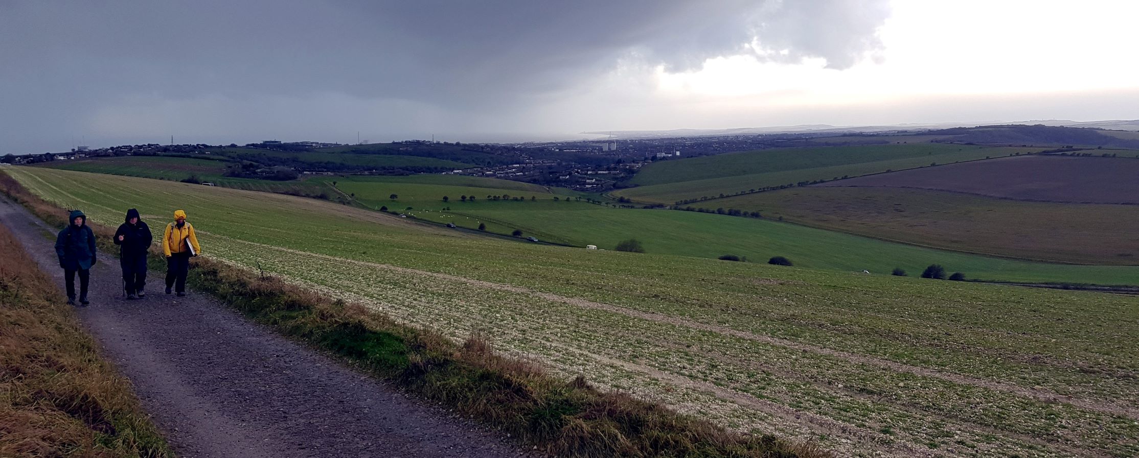 Healthwalkers climbing Newmarket Hill in rain, with Brighton in distance