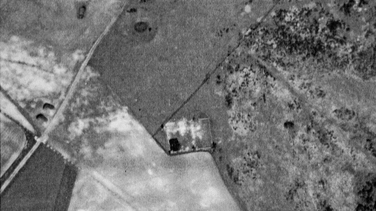WW2 aerial photograph of Newmarket Farm, including plough mark of possible Bronze Age barrow.