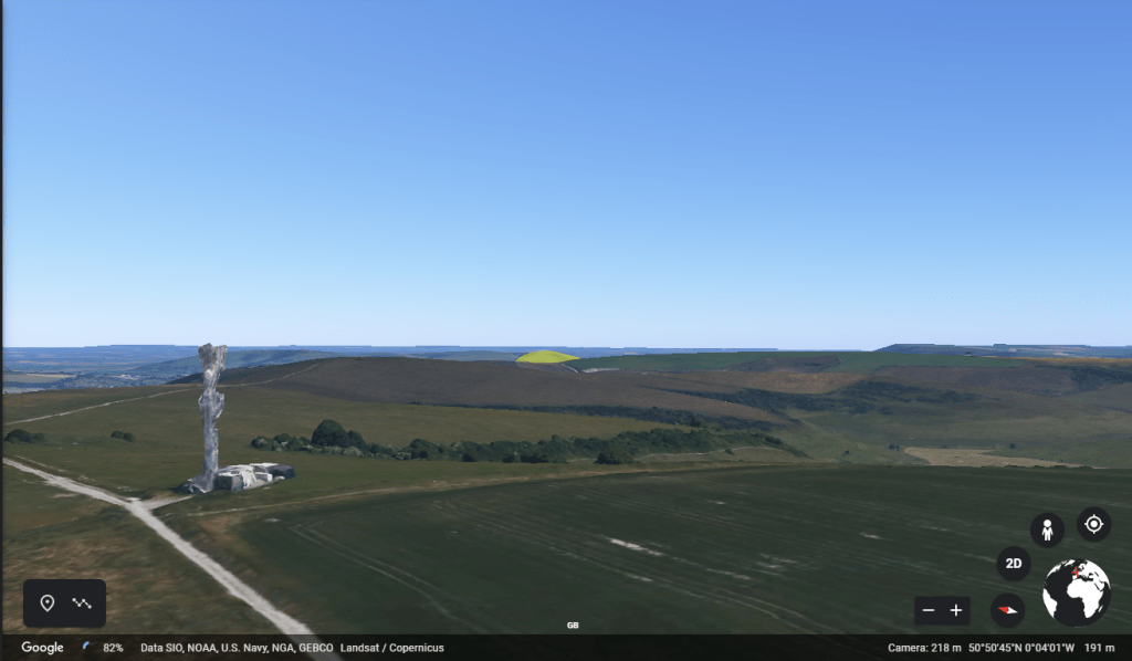 Newmarket Hill, looking towards Mount Caburn - highlighted in yellow. Image based on a screenshot from Google Earth.