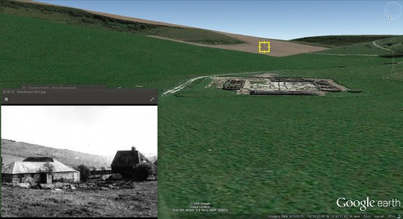 Photo of Norton Farm showing probable Livens projector gas bomb firing position, with Google Earth screenshot of same area.