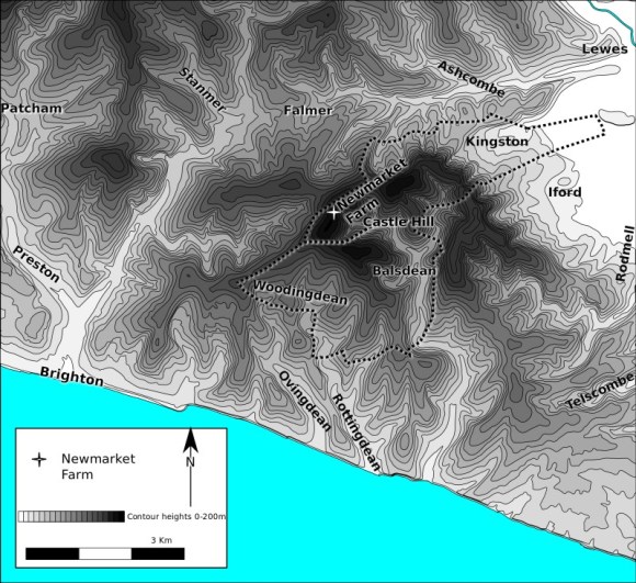 Contour map of Newmarket Hill. Contour data courtesy of Ordnance Survey.