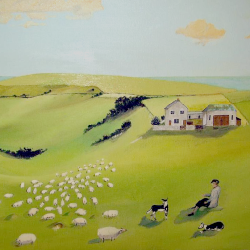 Newmarket Farm with shepherd, dog and sheep watercolour painting by Bob Phipps.